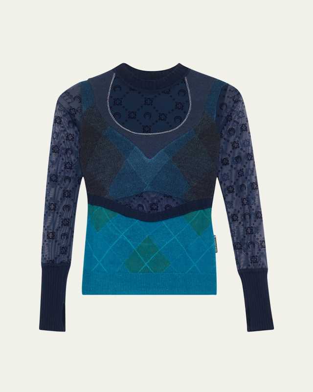 Mixed-Media Argyle Knit Cutout Sweater